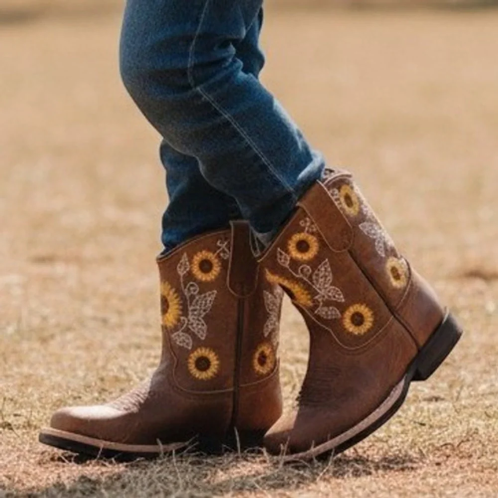 Kids Brown Sunflower Embroidered Western Cowboy Boots Square Toe Size 7 Toddler